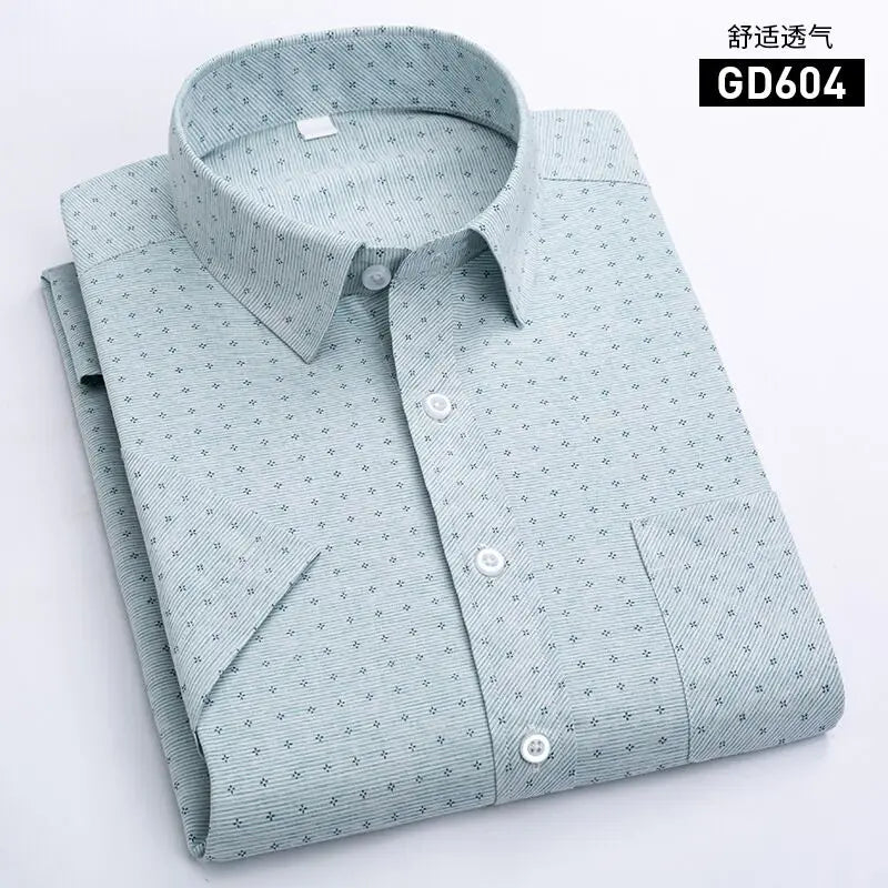 Men's Short-Sleeved White Dress Shirts Classic Plaid Stripes Cotton Slim Business Casual
