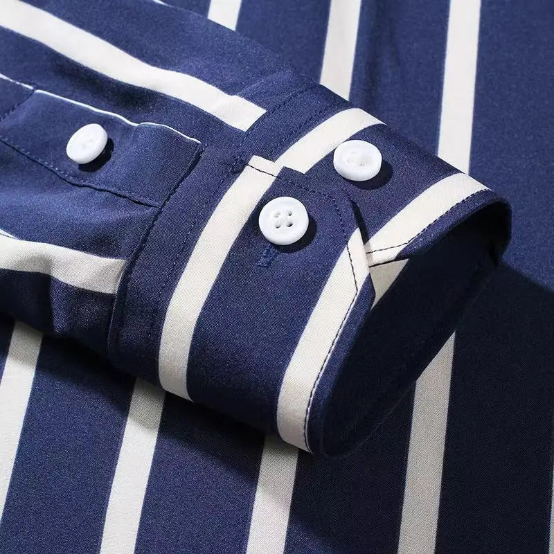 Men's Casual Shirts Classic Black White Striped Long Sleeve Shirts