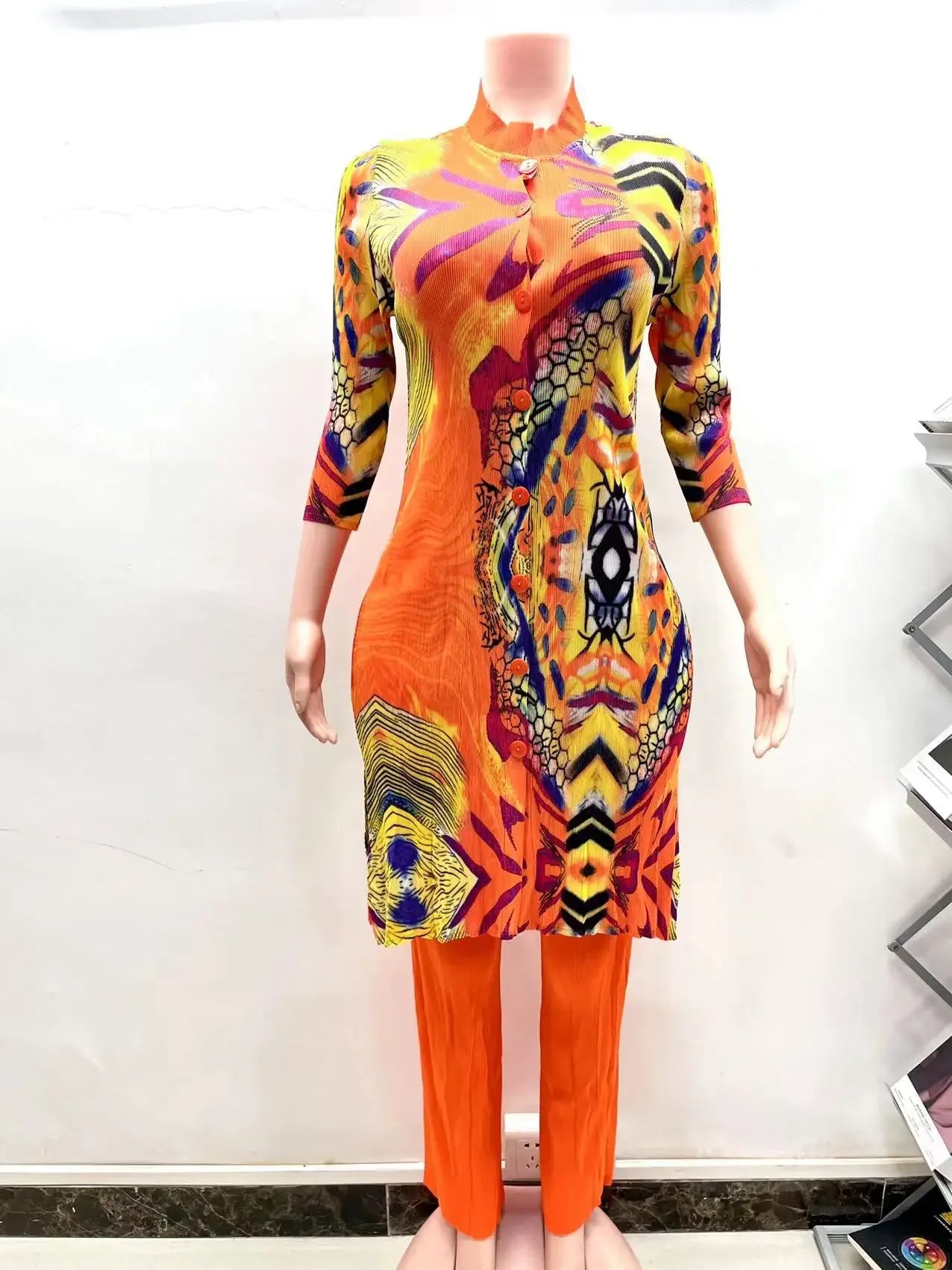 Miyake Pleated Printed Cardigan Stand-up Collar Long Top + High-waisted Versatile Straight-leg Pants 2-piece Set
