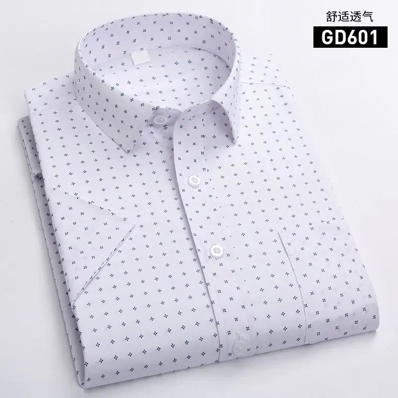 Men's Short-Sleeved White Dress Shirts Classic Plaid Stripes Cotton Slim Business Casual