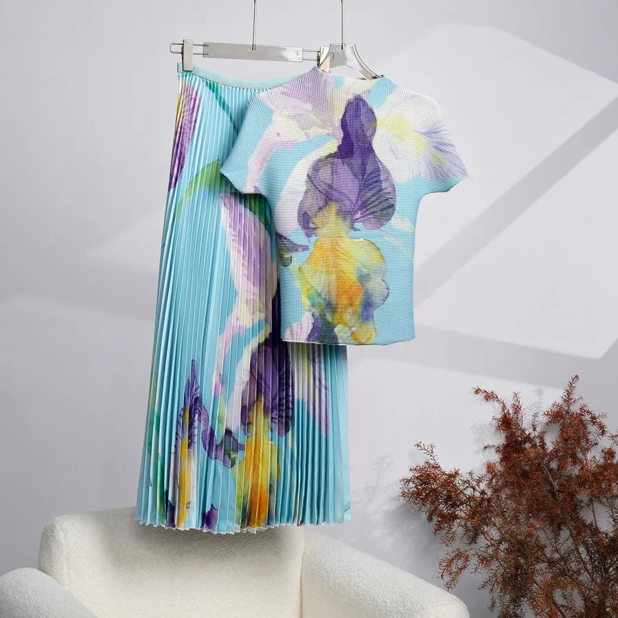 Women Pleated Flower Print Short Sleeve T-Shirt With A-Line Pleated Long Skirt Set Two Piece Suit