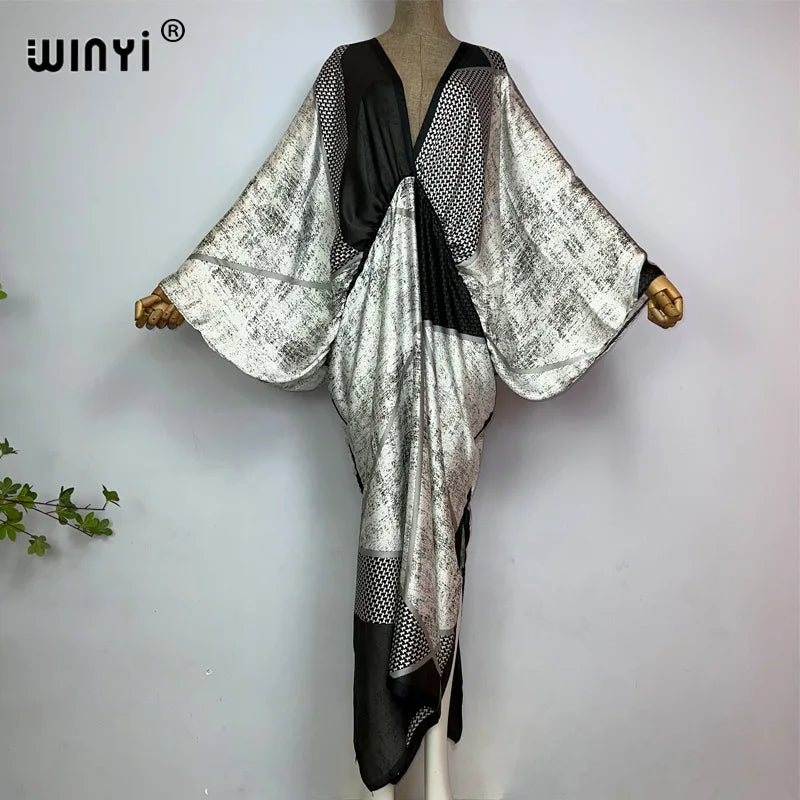 Retro Printed Party Long Dress Women Elegant kaftan Deep V Neck long Sleeve Dress