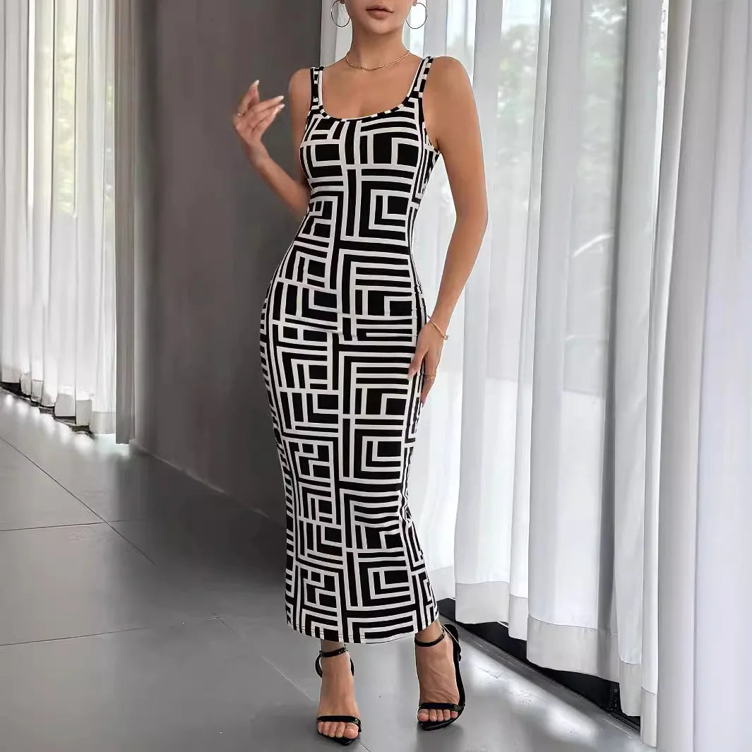 Womens Print Dresses Sleeveless Casual Round Neck Midi Skinny Dress