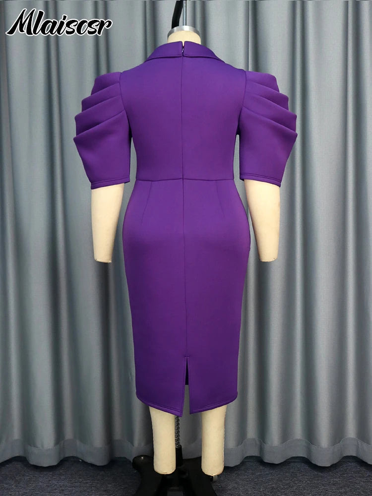 Elegant Bodycon Purple Dresses Woman V-Neck Half Sleeve