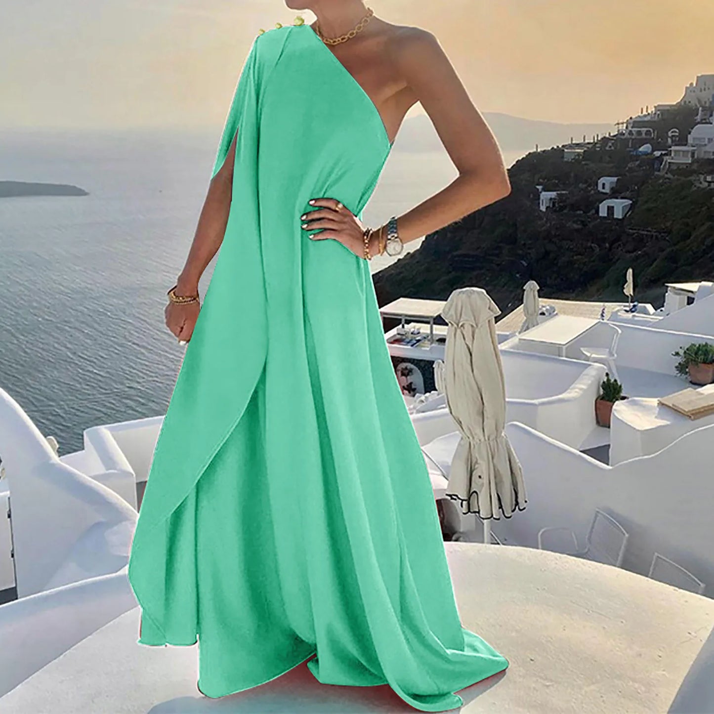 One Shoulder Swing Dresses Elegant Ladies Wedding Party Sleeveless Maxi Dress