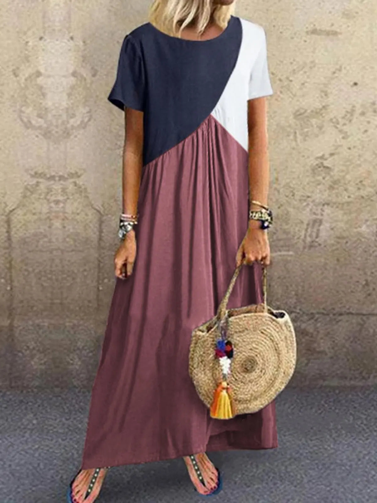 Spring And Summer Women's  Splicing Dress Casual Short Sleeved Round Neck Beach Long Dress