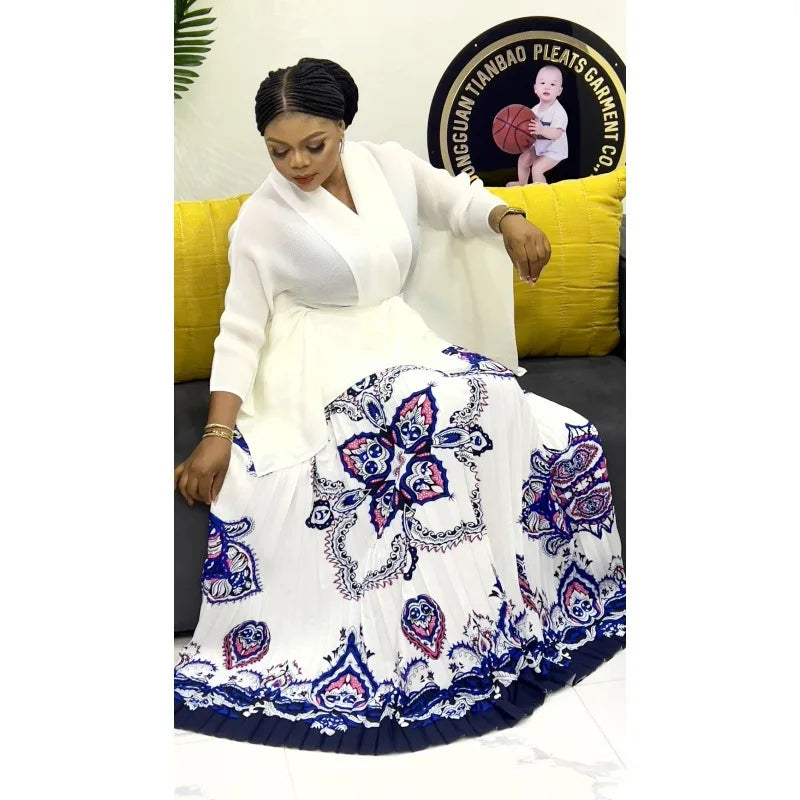 One Size Pleated Elegant Party 2 Piece Set Women Belt Batwing Sleeves Tops A-line Print Folds Long Skirt Fashion New Sets