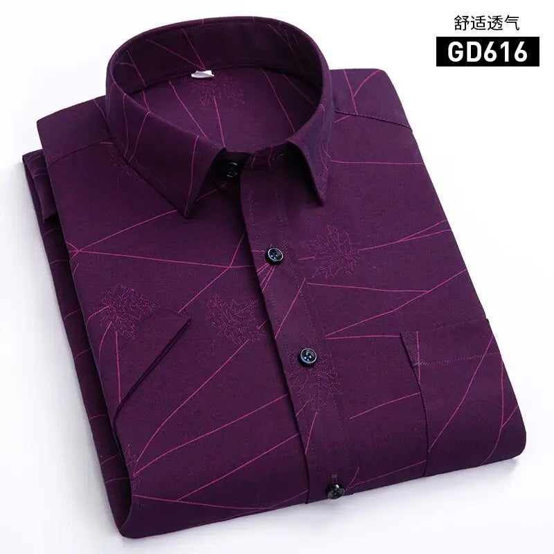 Men's Short-Sleeved White Dress Shirts Classic Plaid Stripes Cotton Slim Business Casual