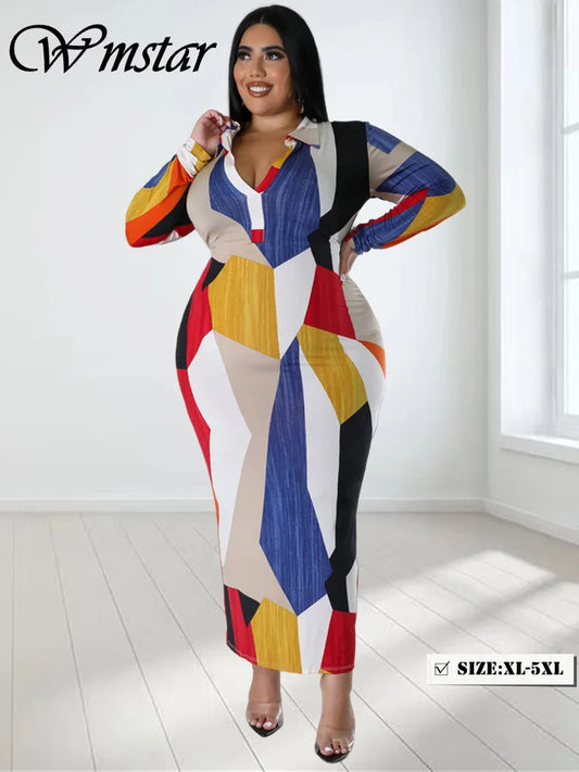 Women Printed Fashion Long Sleeve Bodycon Maxi Dresses