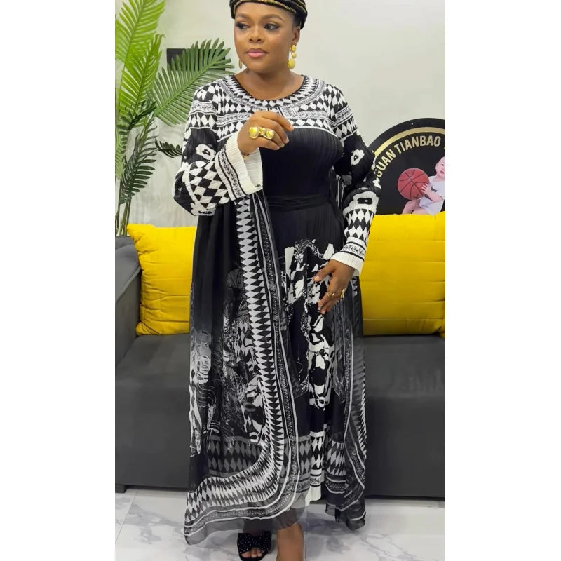 Pleated Maxi Dress 2025 Summer New Elegant Round Neck Long Sleeve Fashion Printed Lace Long Dresses for Women
