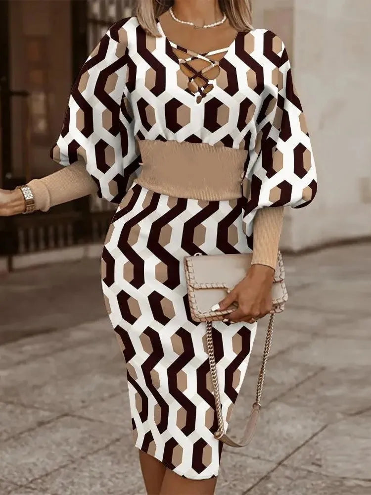 Elegant Long-sleeved V-neck Waist Dress  Winter Slim Vintage Dresses