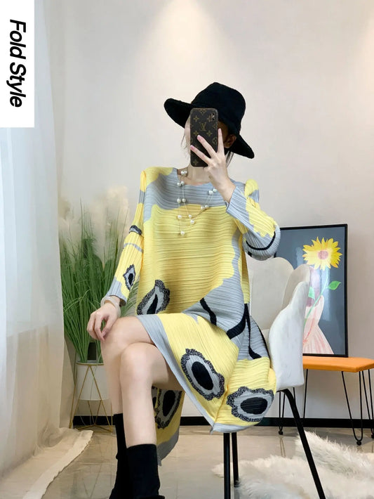 Pleated Loose Women's Dress Casual Mid Length Free Size Dress