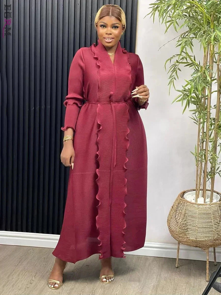 Pleated Maxi Long Dress Solid Ruffles Full Sleeve with Belt Formal Dresses