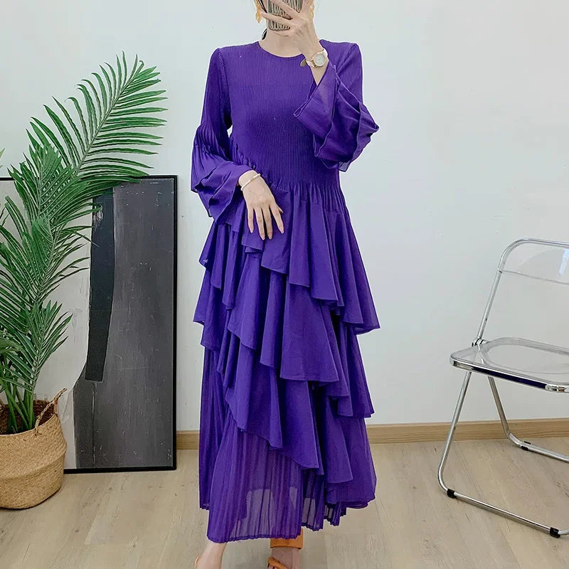 Ruffles Pleated Dress Women Long Sleeves Dresses Party Clothing
