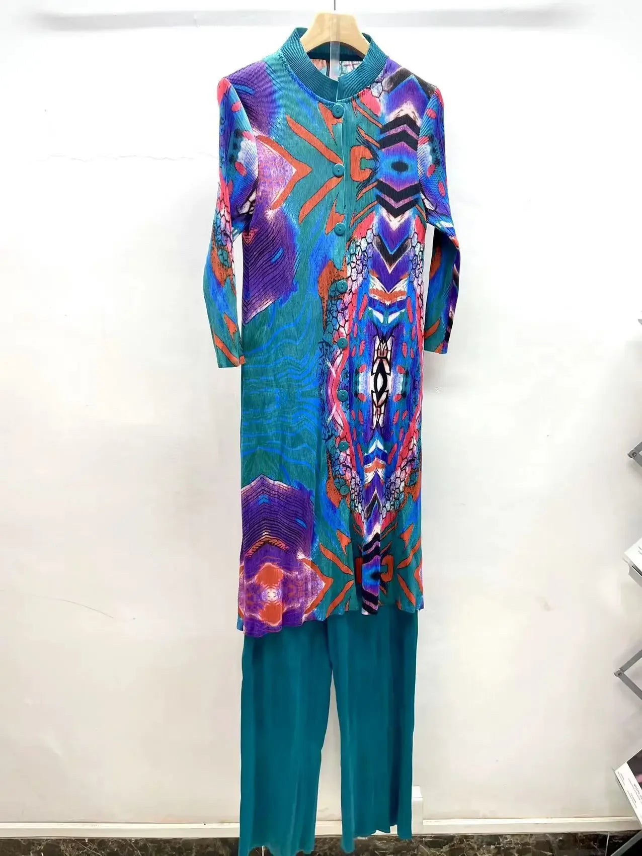 Miyake Pleated Printed Cardigan Stand-up Collar Long Top + High-waisted Versatile Straight-leg Pants 2-piece Set