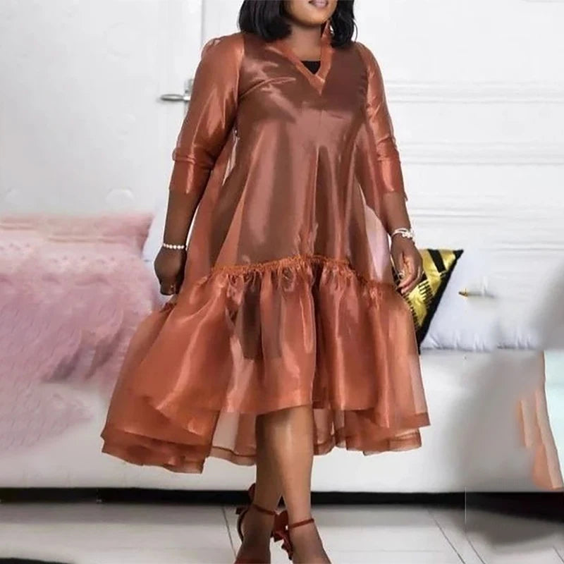 Formal Midi Dresses Casual Brown Fall Winter V Neck 3/4 Sleeve Flounce Elegant Fashion Styles Formal Midi Dresses Casual Brown Fall Winter V Neck 3/4 Sleeve Flounce Elegant Fashion Styles