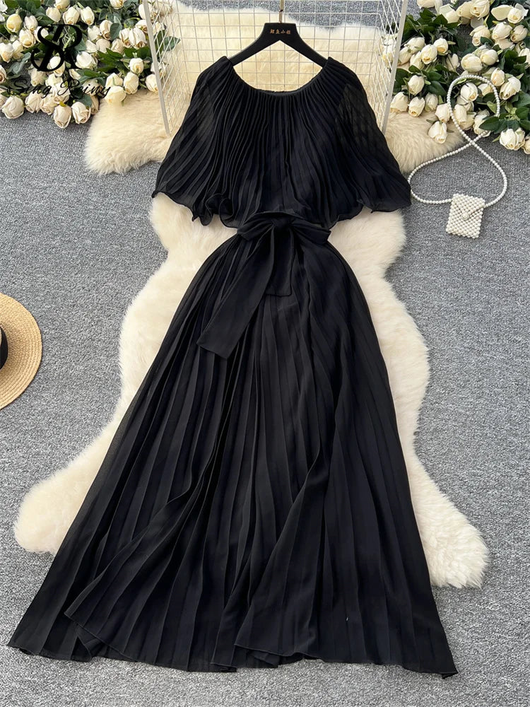 Chiffon Long Dress Short Sleeves Lace Up Slim Pleated Maxi Dress