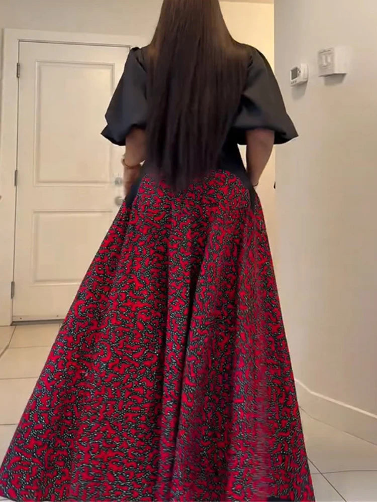 Printed Patchwork Dresses Lantern Sleeves High Waist A Line Maxi
