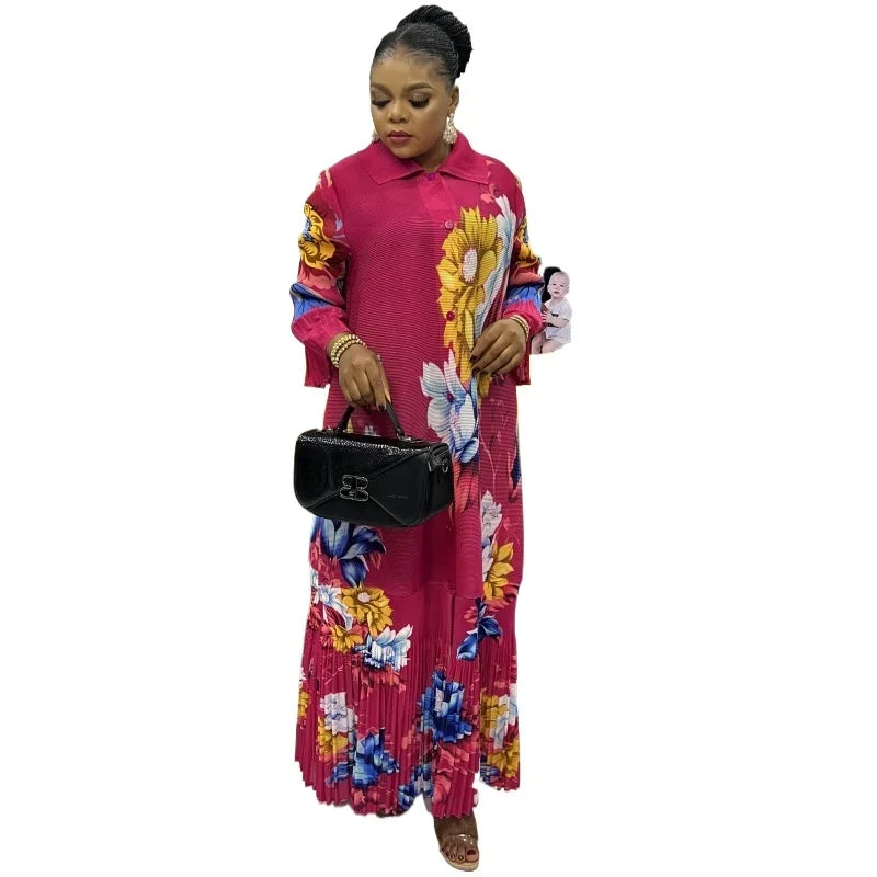 Pleated Elegant Dress Women Bell Sleeve Ruffled Robe Loose Large Size Women's Cardigan Dress