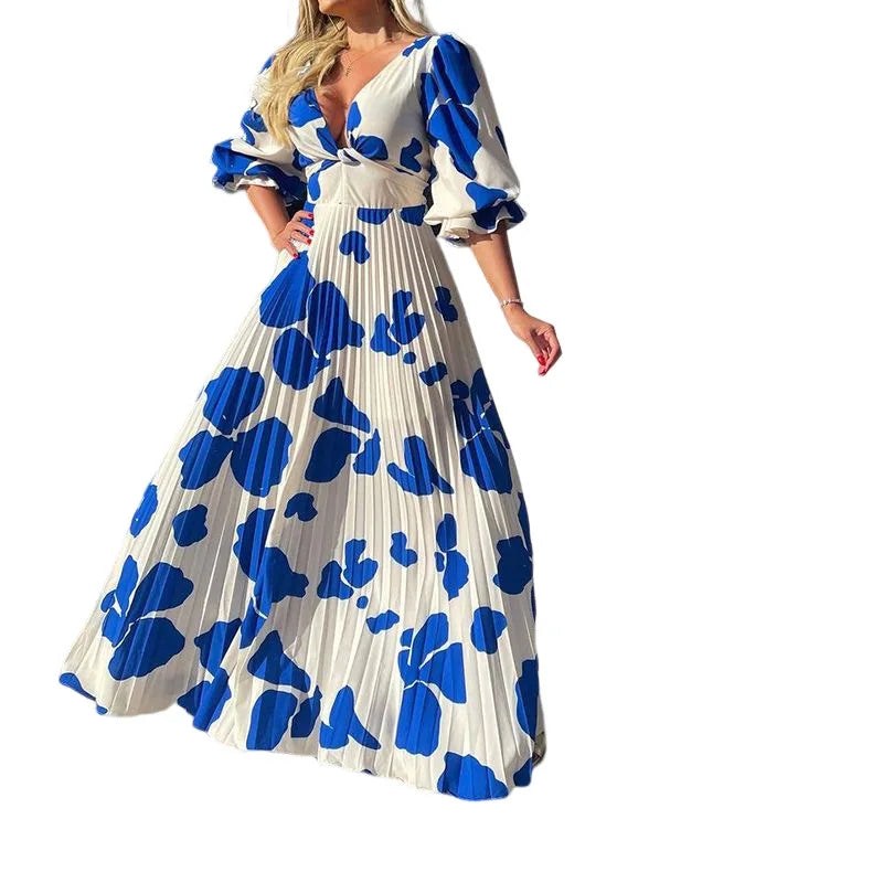 Summer New Women's Fashion V-Neck Medium Sleeve Medium And Long Printed Dress
