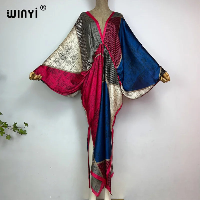 Retro Printed Party Long Dress Women Elegant kaftan Deep V Neck long Sleeve Dress