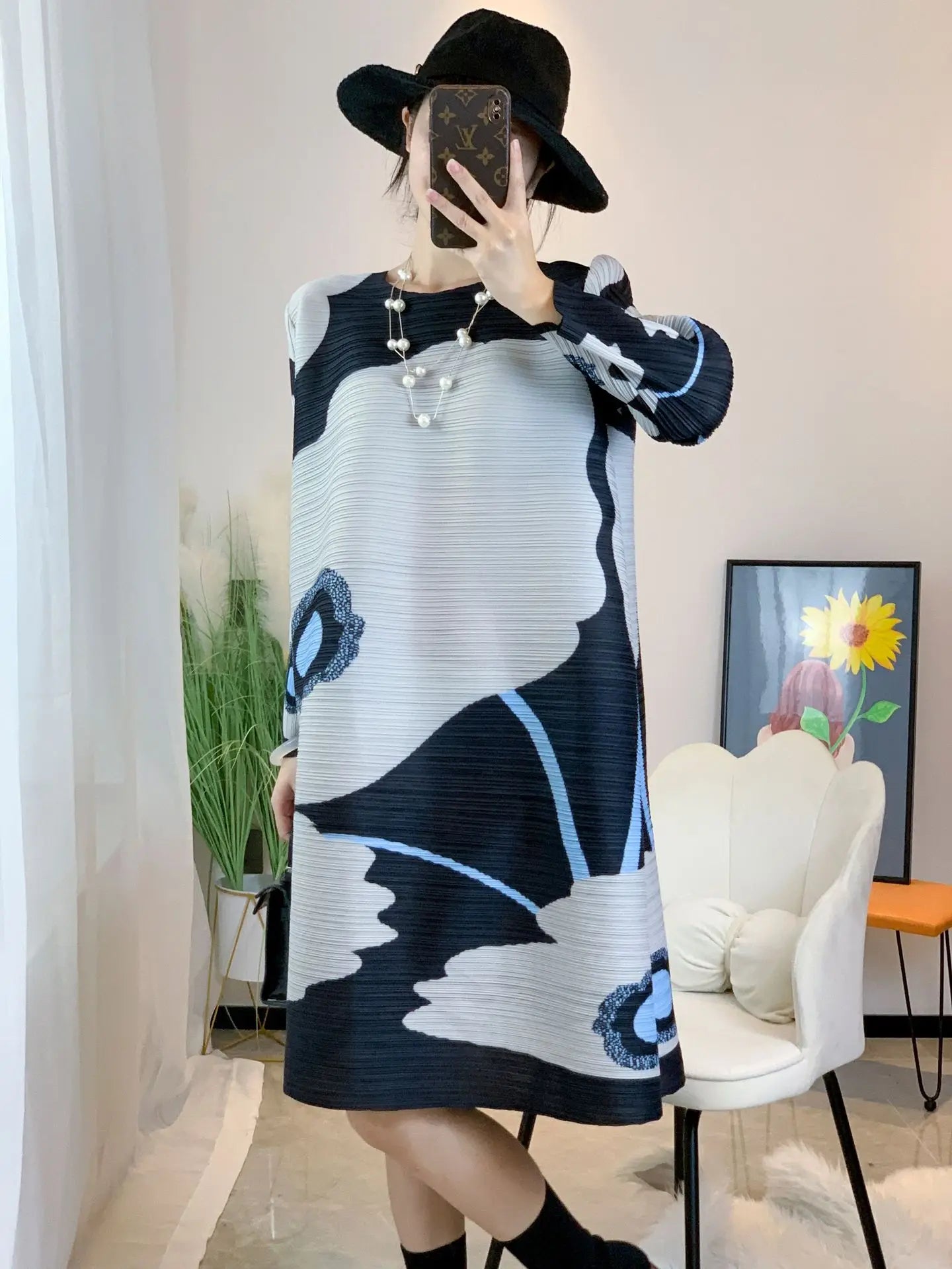 Pleated Loose Women's Dress Casual Mid Length Free Size Dress