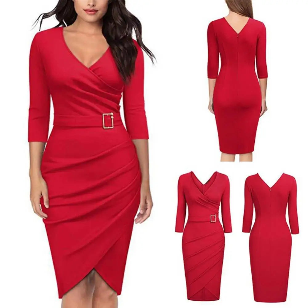 Women V Neck 3/4 Sleeve High Waist Belted Irregular Pencil Dress