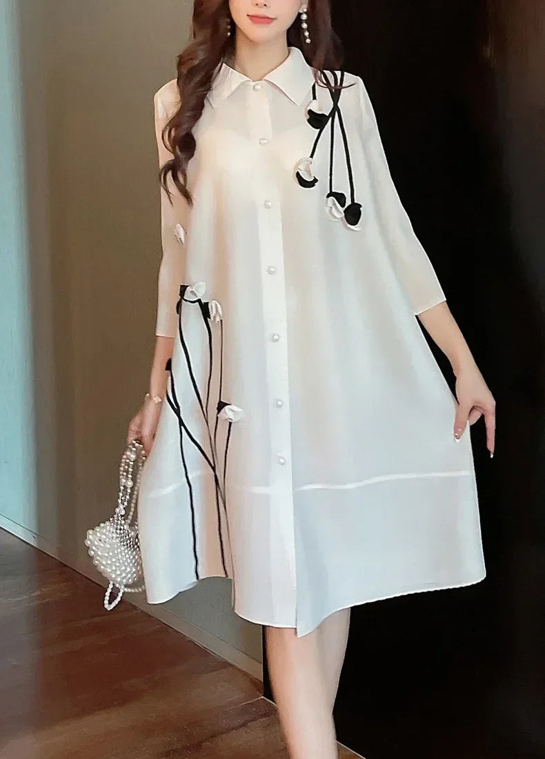 Pleated Dress Dress Lapel Print Loose  Cardigan