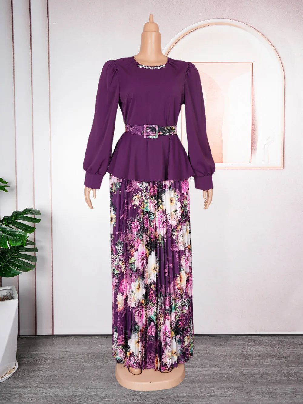 Elegant Fashion Printed Dresses Full Sleeve Belt Luxury Birthday Party Dinner