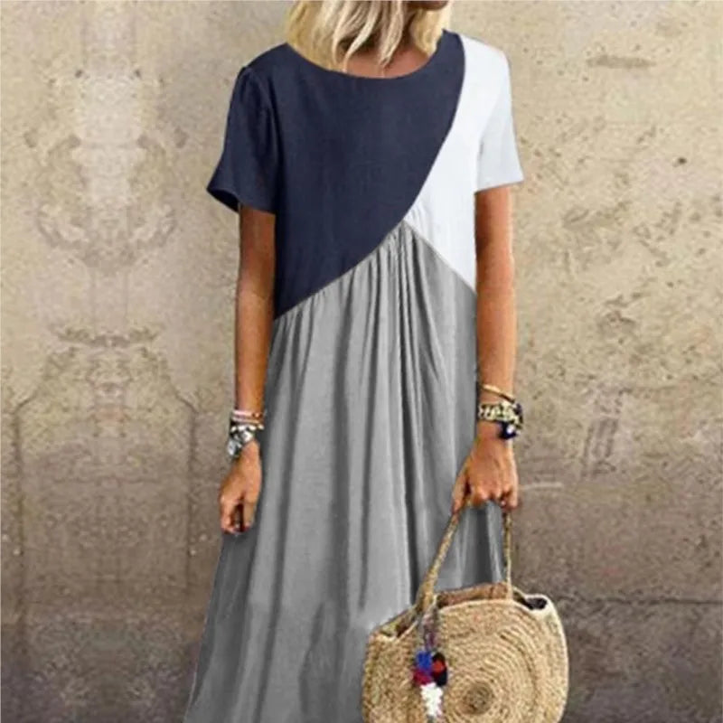 Spring And Summer Women's  Splicing Dress Casual Short Sleeved Round Neck Beach Long Dress