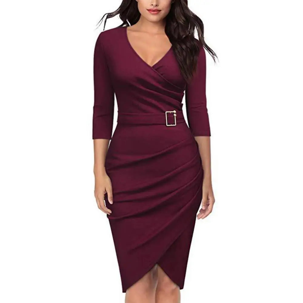 Women V Neck 3/4 Sleeve High Waist Belted Irregular Pencil Dress