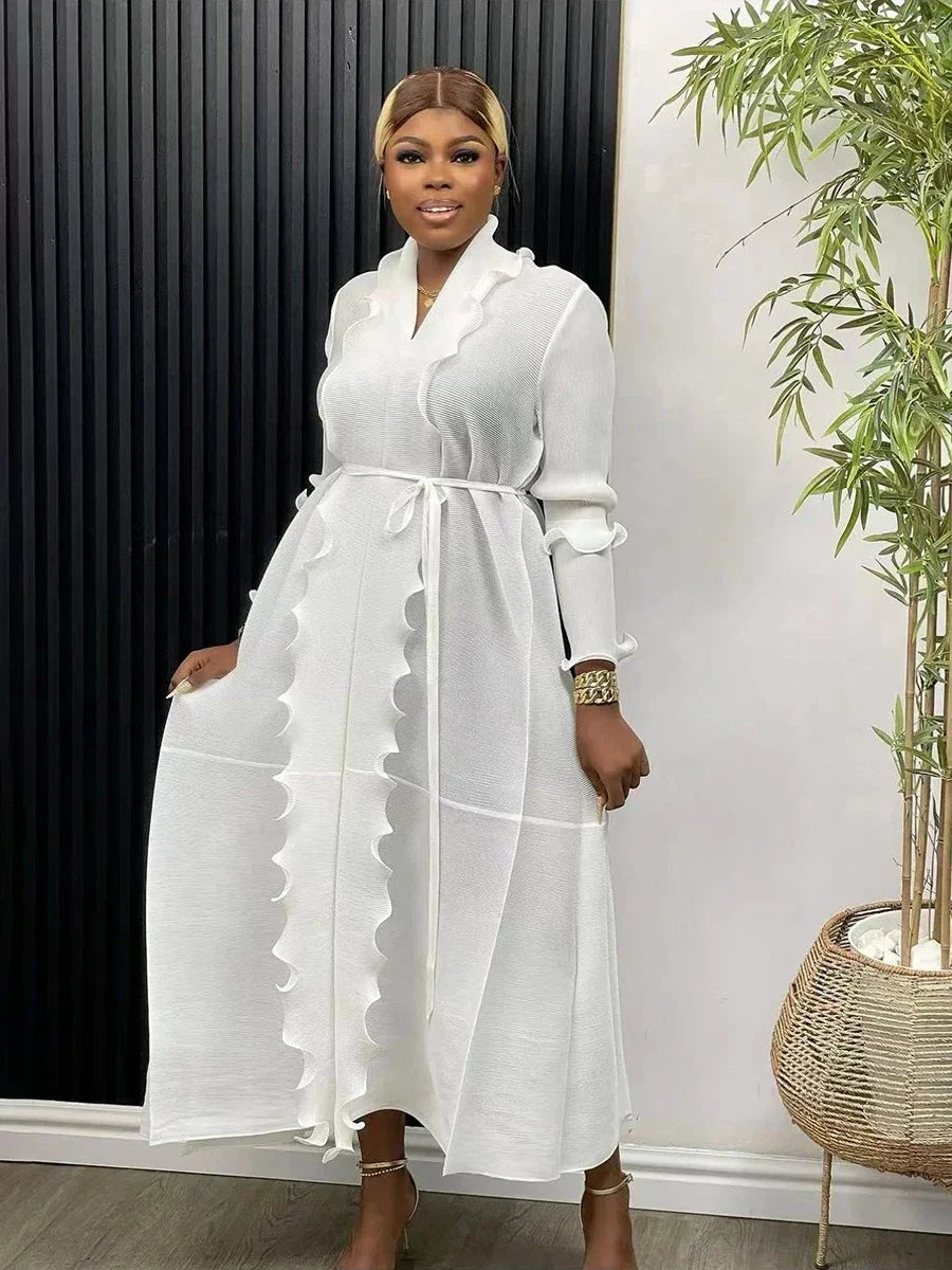 Pleated Maxi Long Dress Solid Ruffles Full Sleeve with Belt Formal Dresses