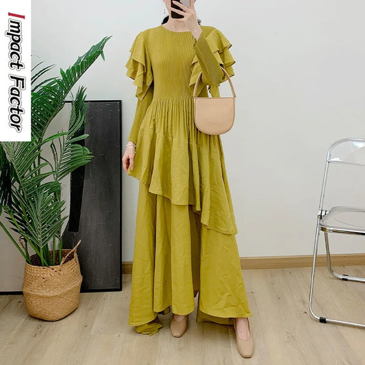Ruffled Long Dress Long Sleeved Pleated Dress Elegant