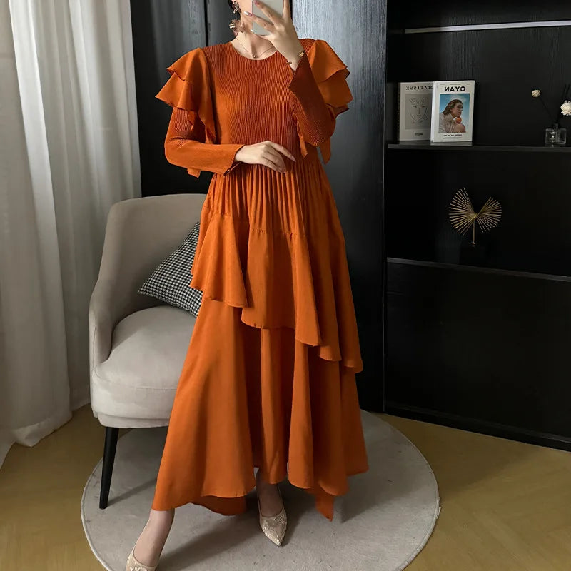 Fashion Pleated Long Dress Long Sleeve Pleated Dresses