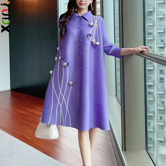 Pleated Dress Dress Lapel Print Loose  Cardigan