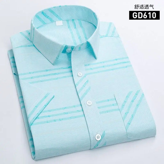 Men's Short-Sleeved White Dress Shirts Classic Plaid Stripes Cotton Slim Business Casual
