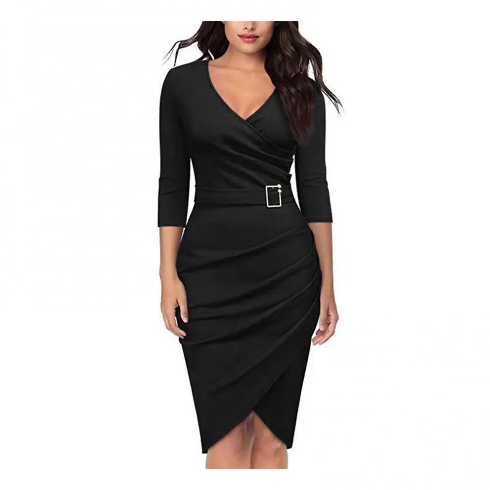 Women V Neck 3/4 Sleeve High Waist Belted Irregular Pencil Dress