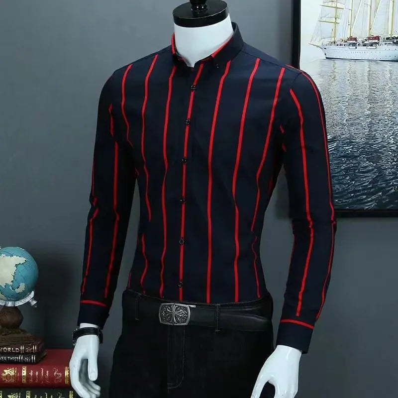 Men's Casual Shirts Classic Black White Striped Long Sleeve Shirts