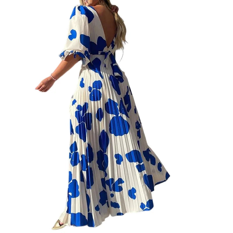 Summer New Women's Fashion V-Neck Medium Sleeve Medium And Long Printed Dress