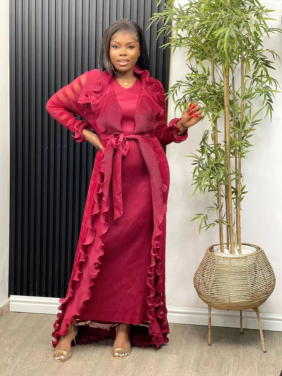 Pleated Set Solid Flounced Full Sleeved Evening Party Two Piece Sets Women