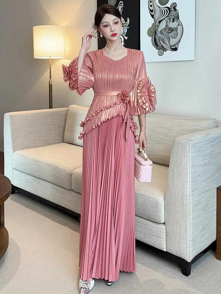 Free Size Pleated Women's Suit Irregular Top + High Waist Long Half Skirt Two-piece Set