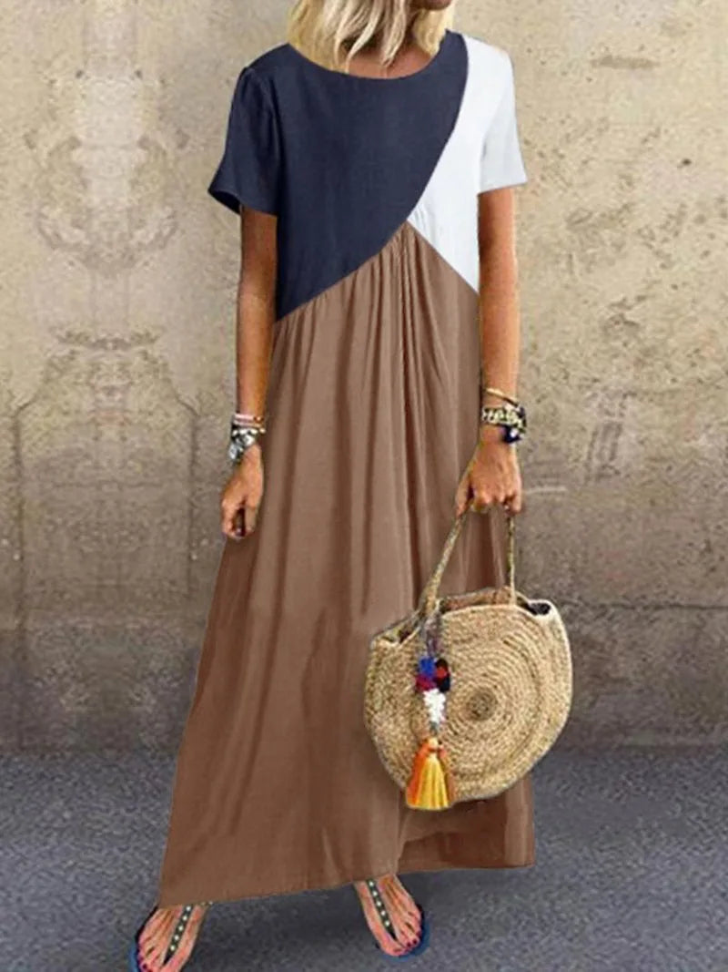 Spring And Summer Women's  Splicing Dress Casual Short Sleeved Round Neck Beach Long Dress