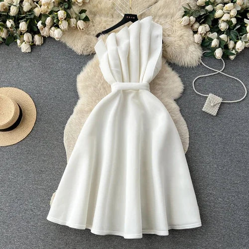 Chic One Shoulder Pleated Sleeveless Solid A-line Dress High Waist Evening Party Strapless Dress Women Summer