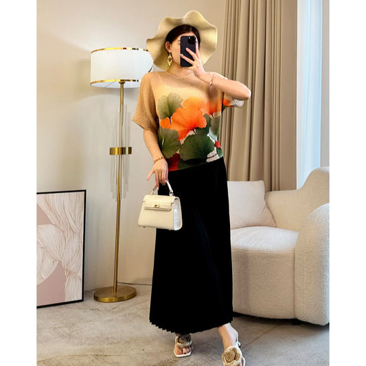 Pleated Top Women Round Neck Short Sleeve Dress