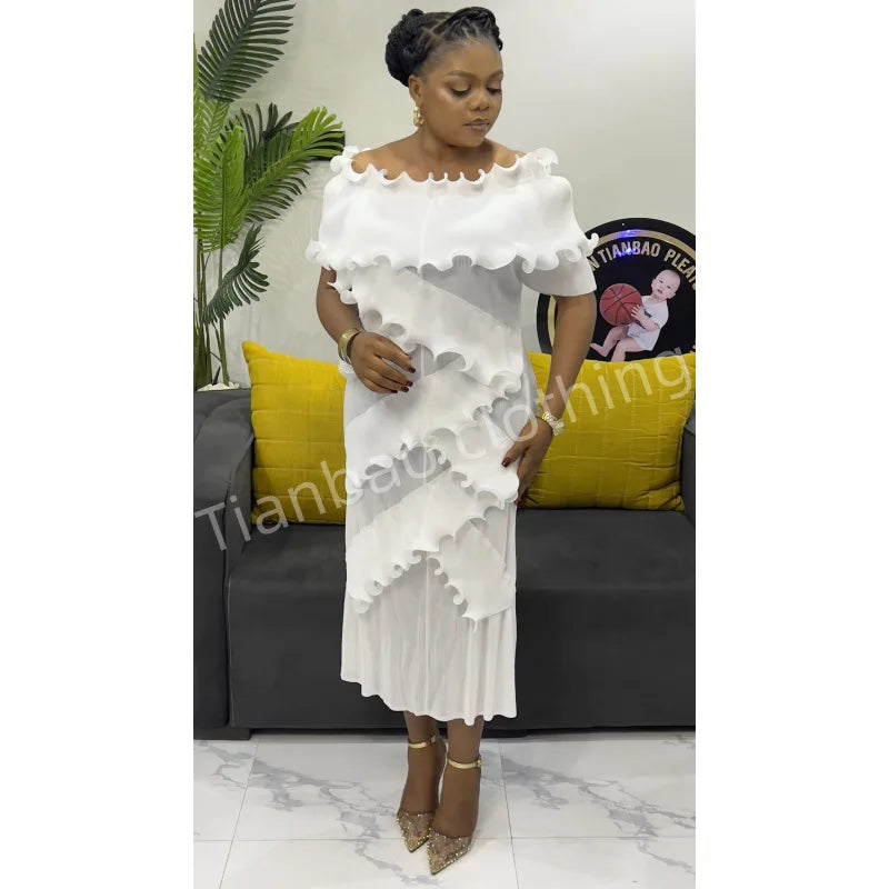 Pleated Dress Women Spliced One-shoulder Loose