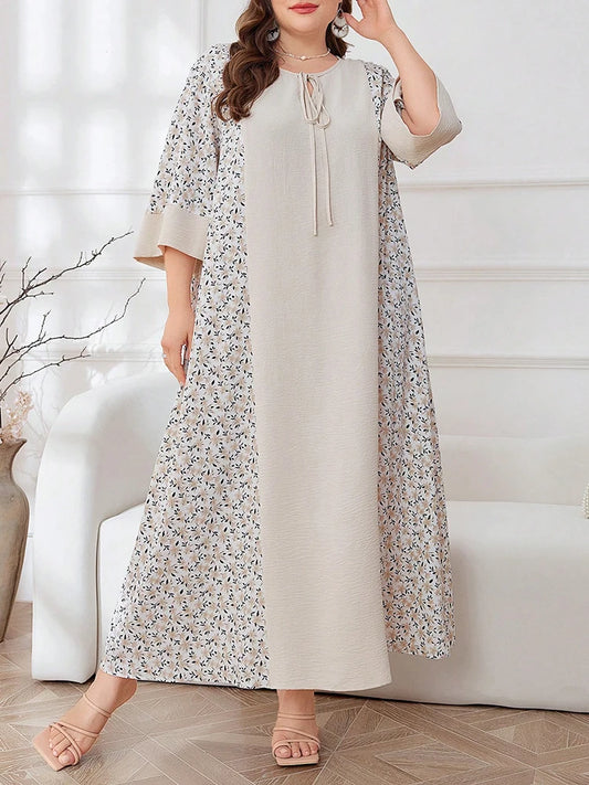  Women's Elegant Floral Prints Long Sleeve Round-Neck Maxi Casual Shift Dress