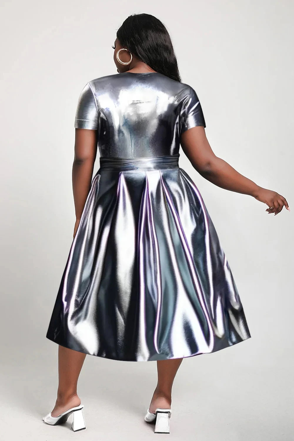 Women Sequin Dress Short Sleeve Round Neck Solid Pleated A-Line Evening Midi Summer Dresses