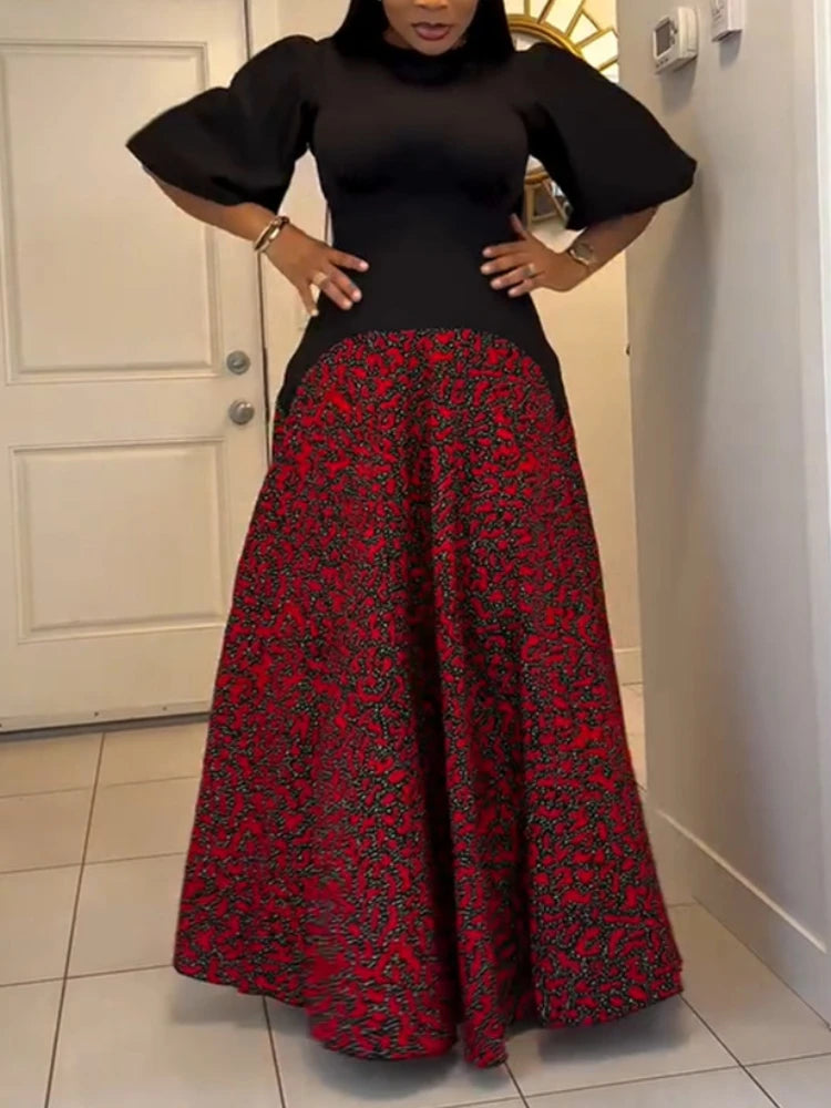 Printed Patchwork Dresses Lantern Sleeves High Waist A Line Maxi