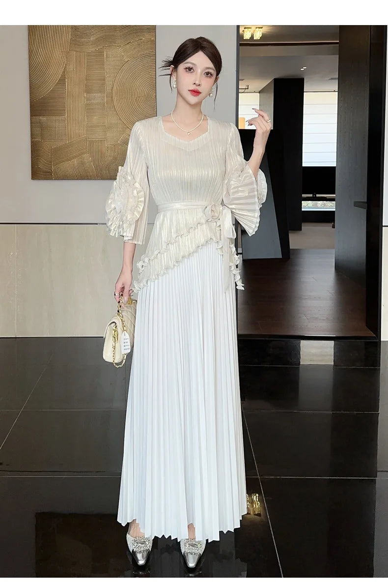 Free Size Pleated Women's Suit Irregular Top + High Waist Long Half Skirt Two-piece Set