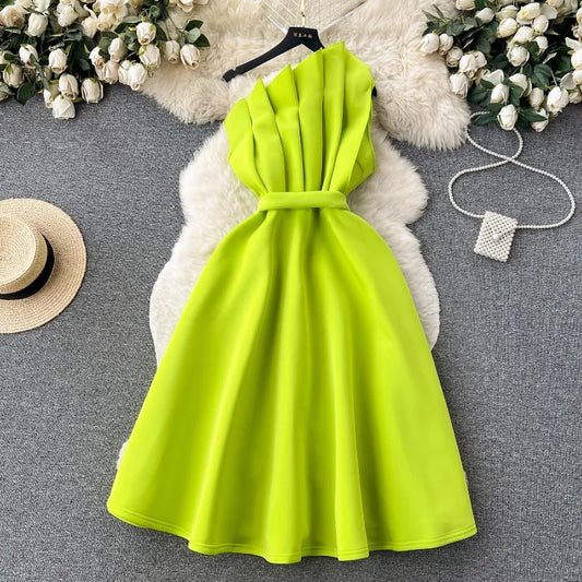 Chic One Shoulder Pleated Sleeveless Solid A-line Dress High Waist Evening Party Strapless Dress Women Summer
